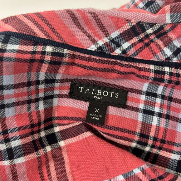 Talbots Womens Plus 1X Pink Plaid Button Front Shirt Long Sleeve Preppy - Picture 6 of 7